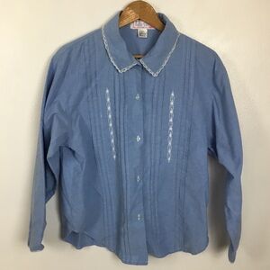 Vintage JODIE ARDEN Lace Trim Embroidered Long Sleeve Chambray Top size L